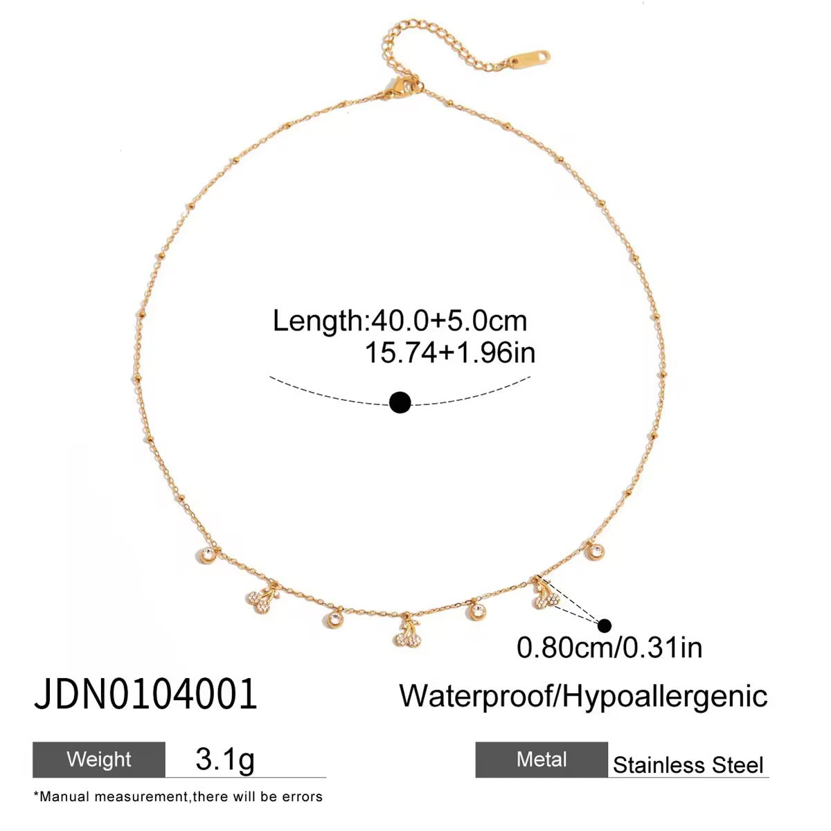 18K Gold-Plated Steel Necklace with Cherry Charms & Zircon