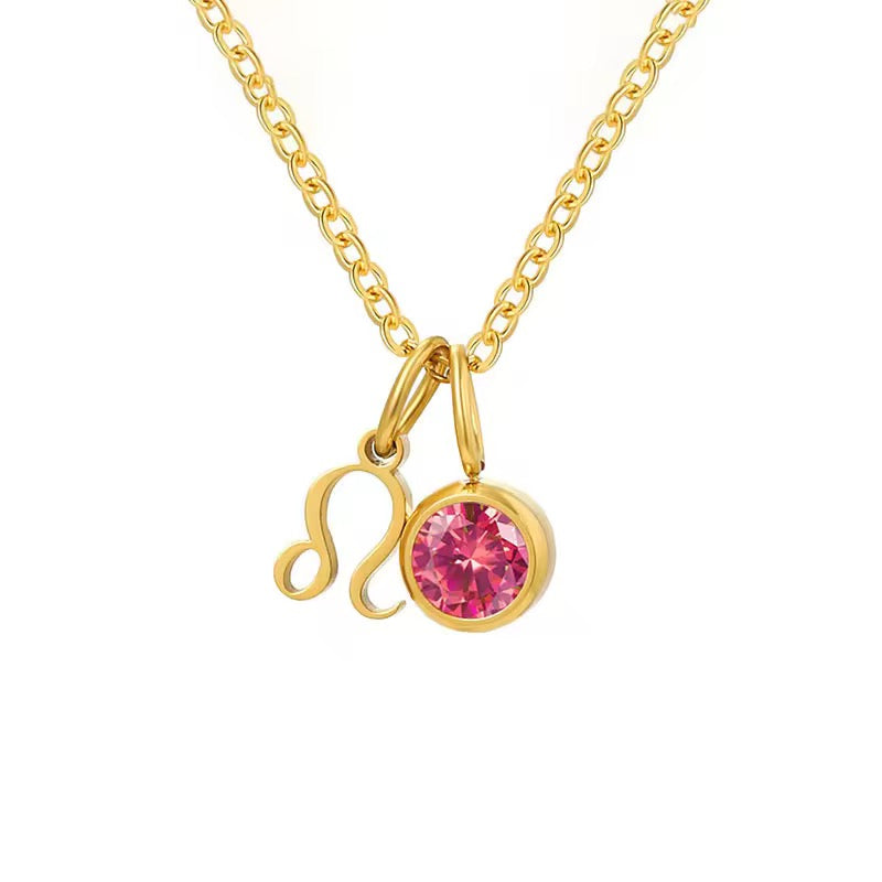 18K Gold-Plated Zodiac & Birthstone Pendant Necklace for Women