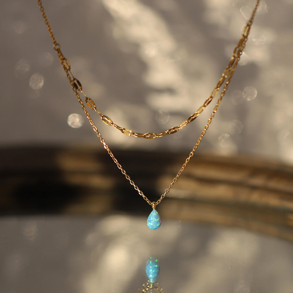Gold-Plated Opal Drop Necklace – Dainty Double Layer Jewelry for Women