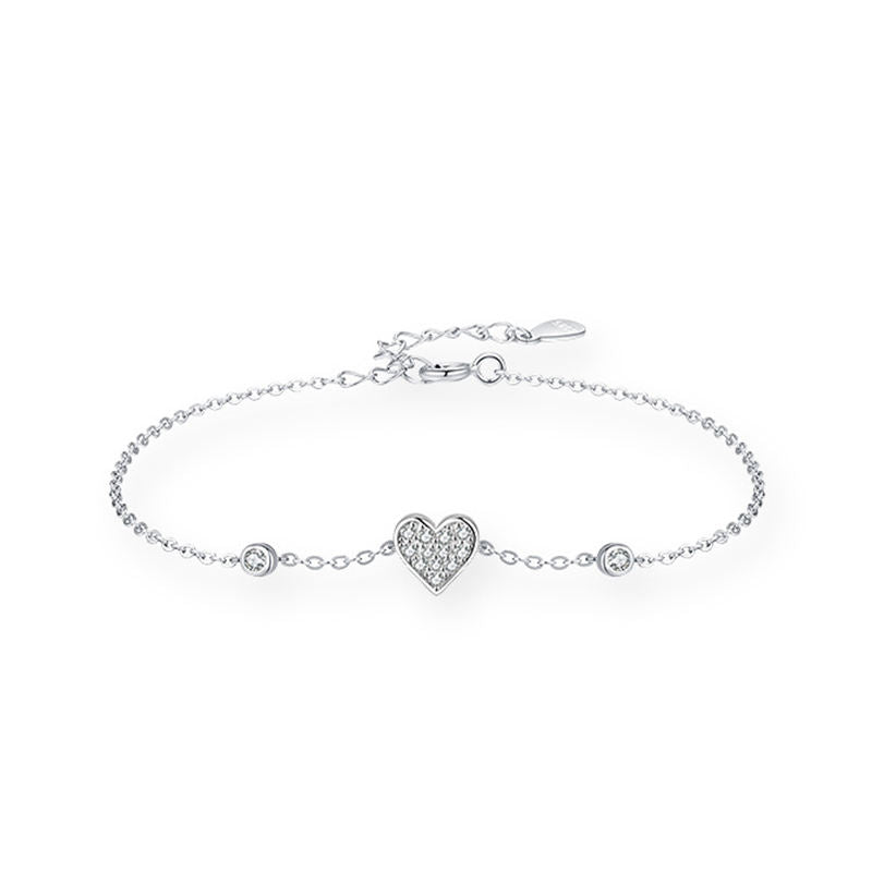 Sterling Silver Heart Zircon Link Chain Bracelet for Women