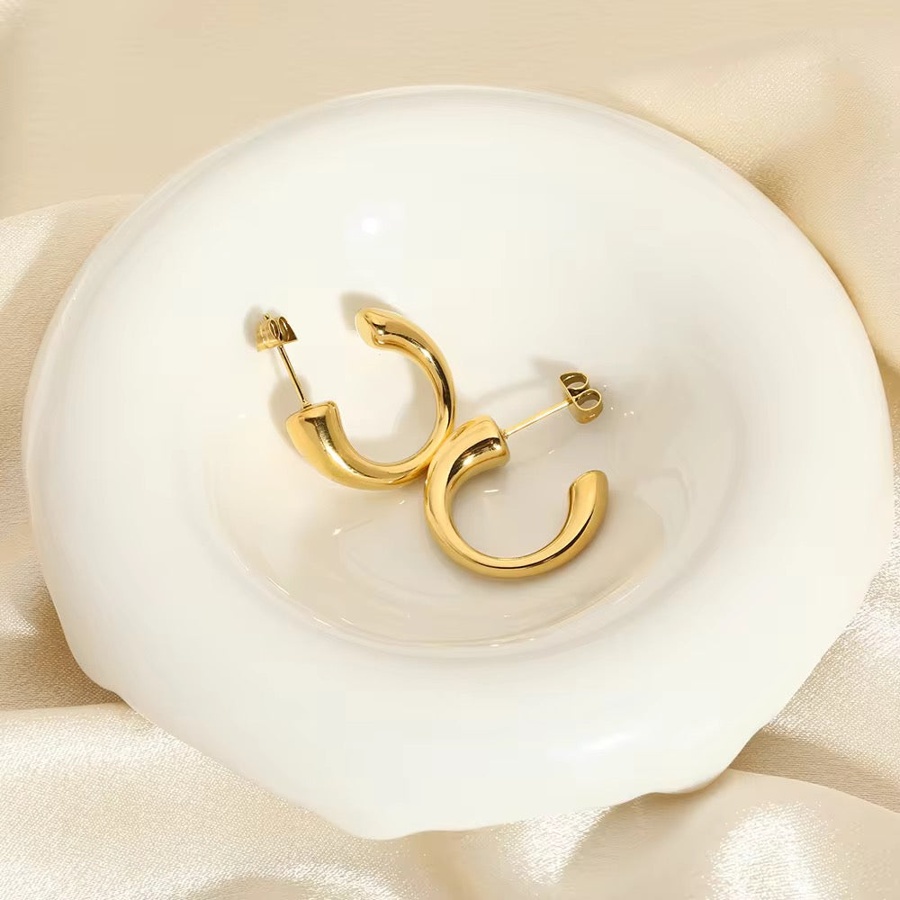 CC Shaped Stud Earrings - 18K Gold Plated Hoops Women