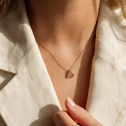 18K Gold-Plated Zodiac & Birthstone Pendant Necklace for Women