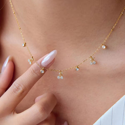 18K Gold-Plated Steel Necklace with Cherry Charms & Zircon