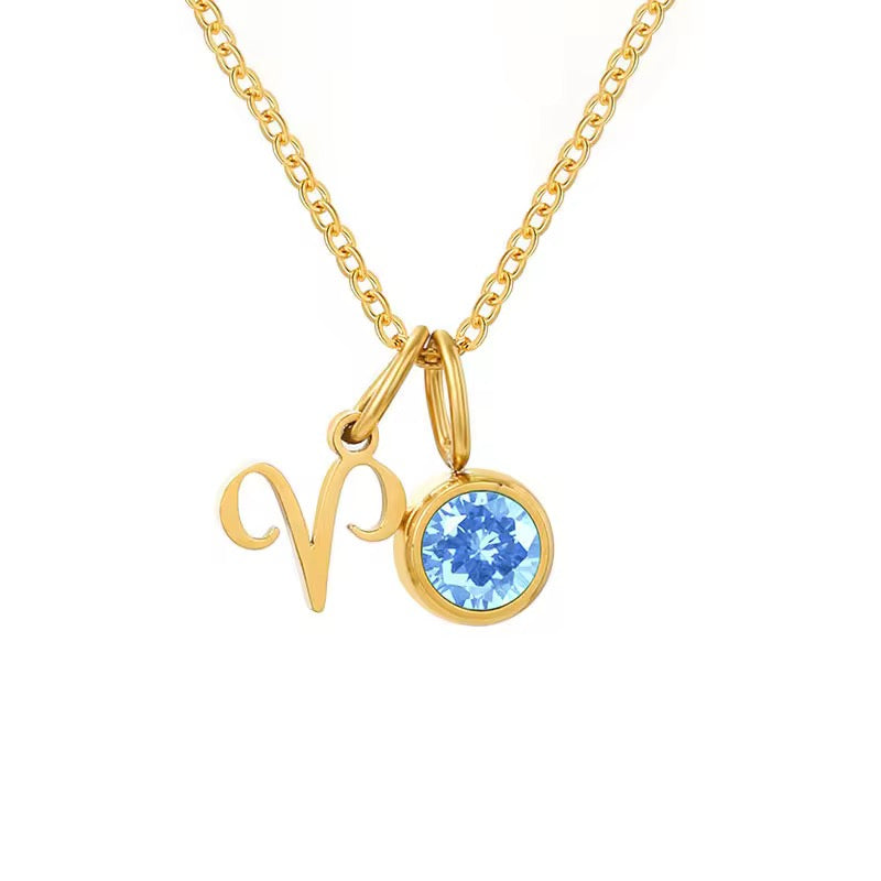 18K Gold-Plated Zodiac & Birthstone Pendant Necklace for Women