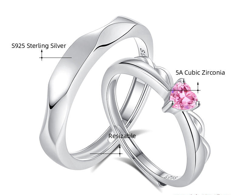 Elegant Couple Heart Adjustable Rings – 925 Sterling Silver
