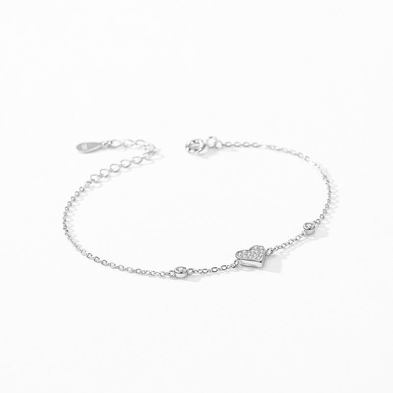 Sterling Silver Heart Zircon Link Chain Bracelet for Women