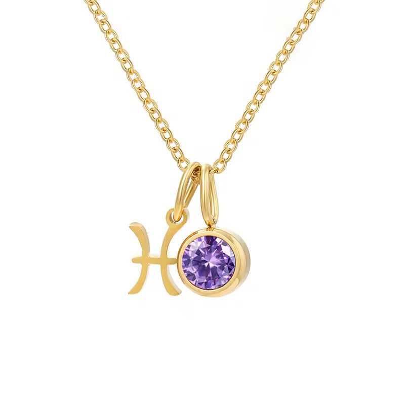 18K Gold-Plated Zodiac & Birthstone Pendant Necklace for Women