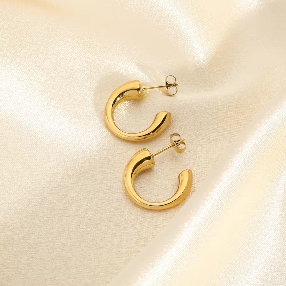 CC Shaped Stud Earrings - 18K Gold Plated Hoops Women