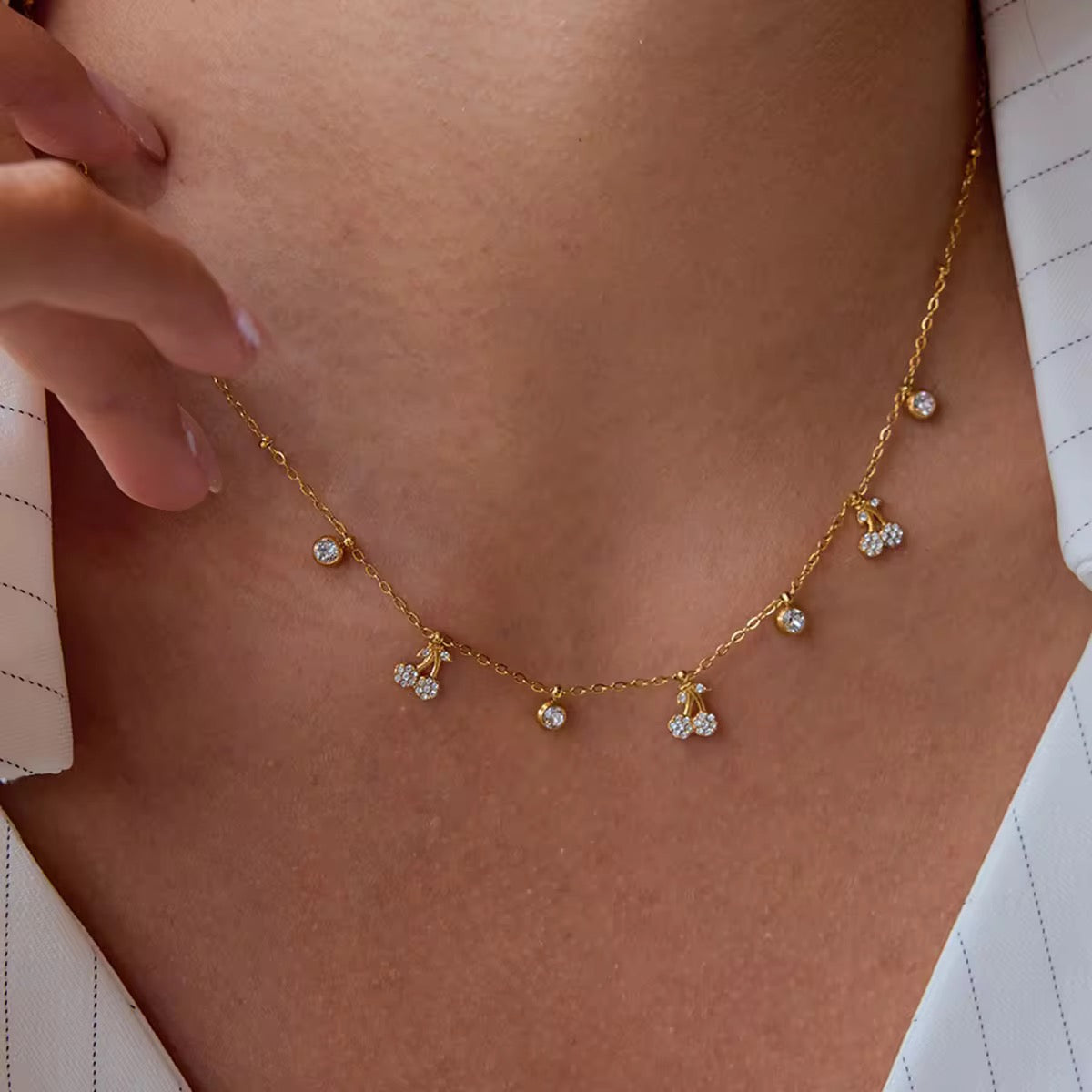 18K Gold-Plated Steel Necklace with Cherry Charms & Zircon