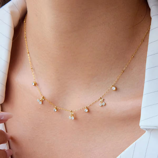 18K Gold-Plated Steel Necklace with Cherry Charms & Zircon