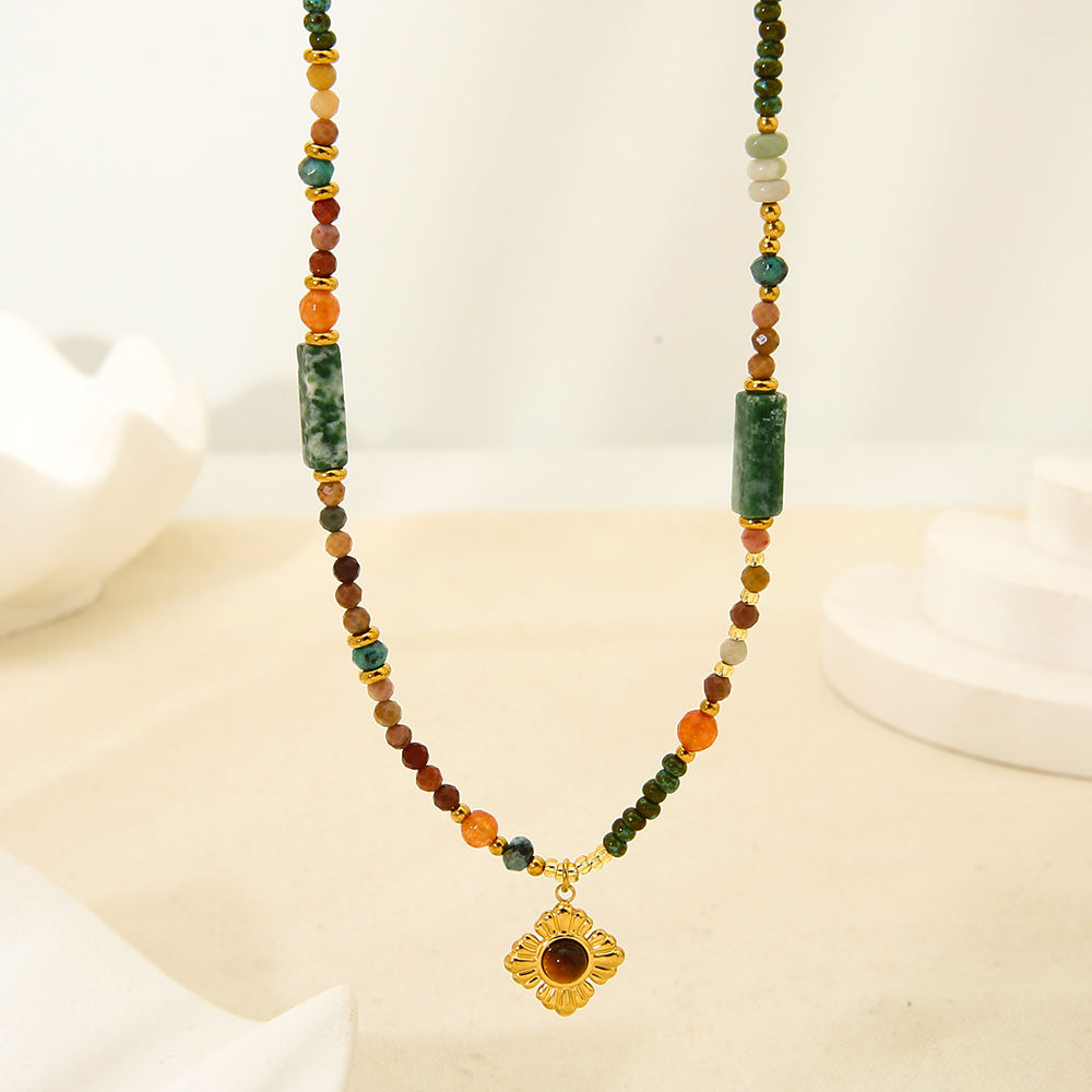 Mystiquè Tiger Eye Beaded Pendant Necklace – Gold Plated Stainless Steel