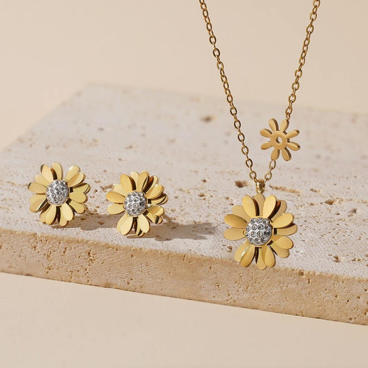 Gold-Plated Zircon Daisy & Sunflower Jewelry Set for Women