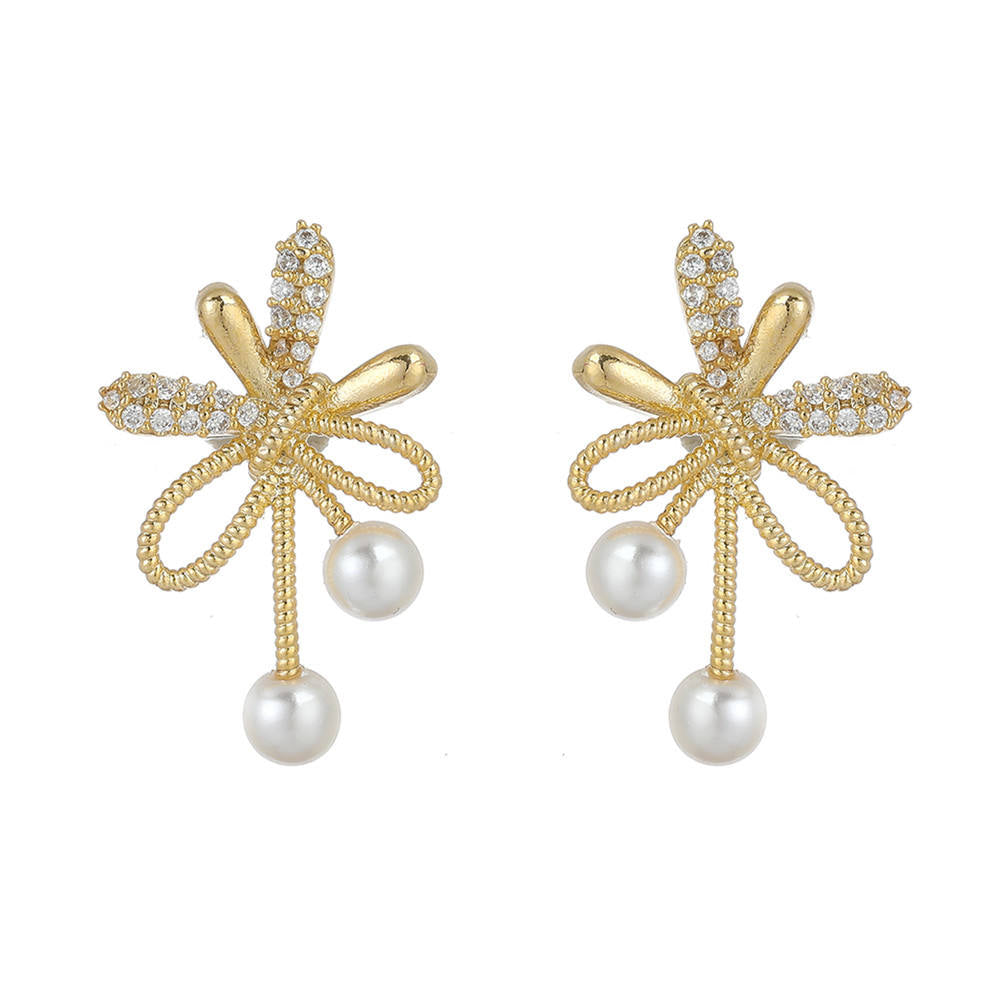 Pearl & Zircon Bow-Knot Earrings - Gold Plated Dainty Jewellery