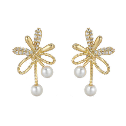 Pearl & Zircon Bow-Knot Earrings - Gold Plated Dainty Jewellery