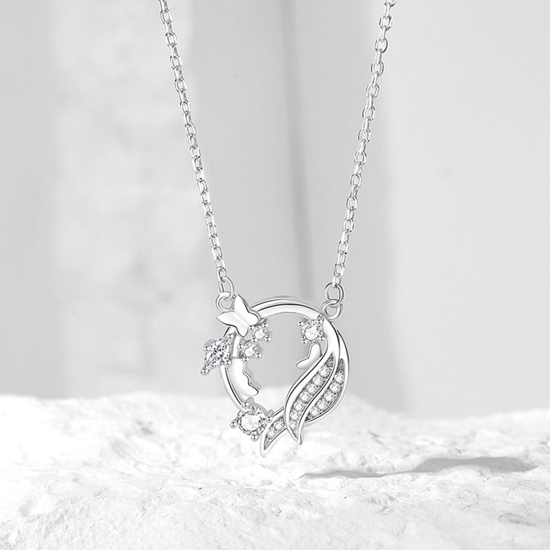 Butterfly & Blossom Silver Necklace | Pendant with Zircon Sparkle