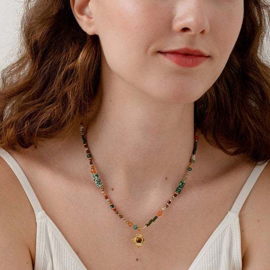 Mystiquè Tiger Eye Beaded Pendant Necklace – Gold Plated Stainless Steel