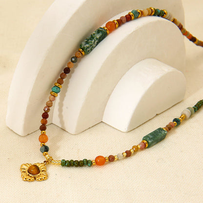 Mystiquè Tiger Eye Beaded Pendant Necklace – Gold Plated Stainless Steel