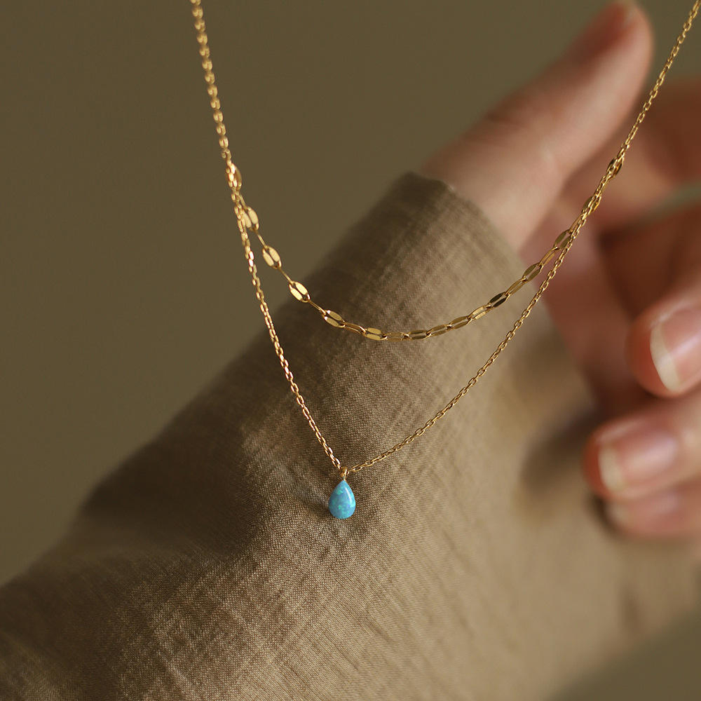 Gold-Plated Opal Drop Necklace – Dainty Double Layer Jewelry for Women