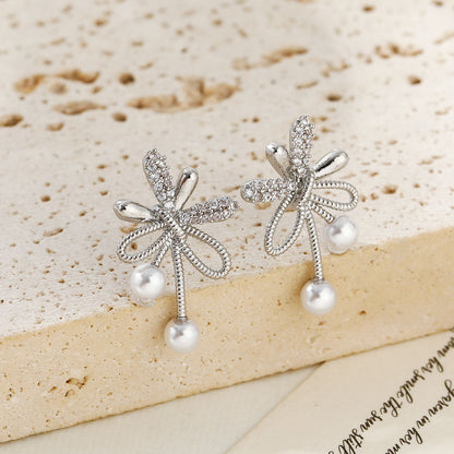 Pearl & Zircon Bow-Knot Earrings - Gold Plated Dainty Jewellery