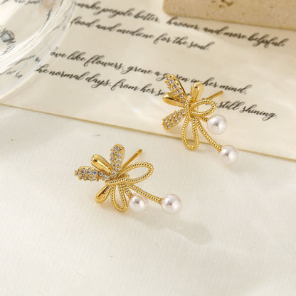 Pearl & Zircon Bow-Knot Earrings - Gold Plated Dainty Jewellery