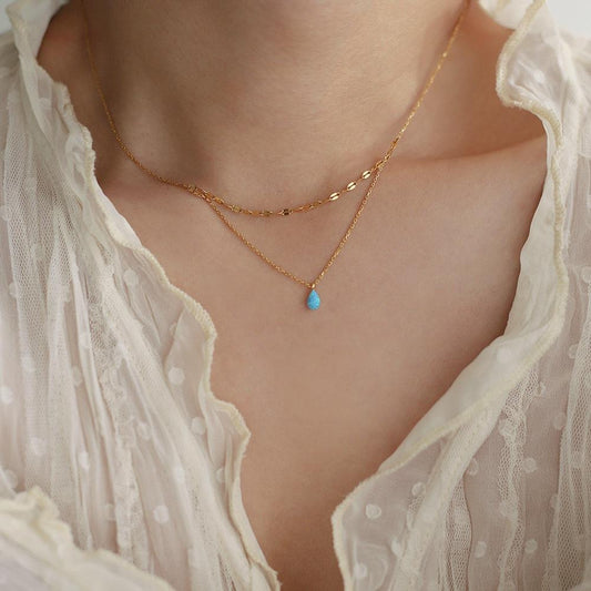 Gold-Plated Opal Drop Necklace – Dainty Double Layer Jewelry for Women