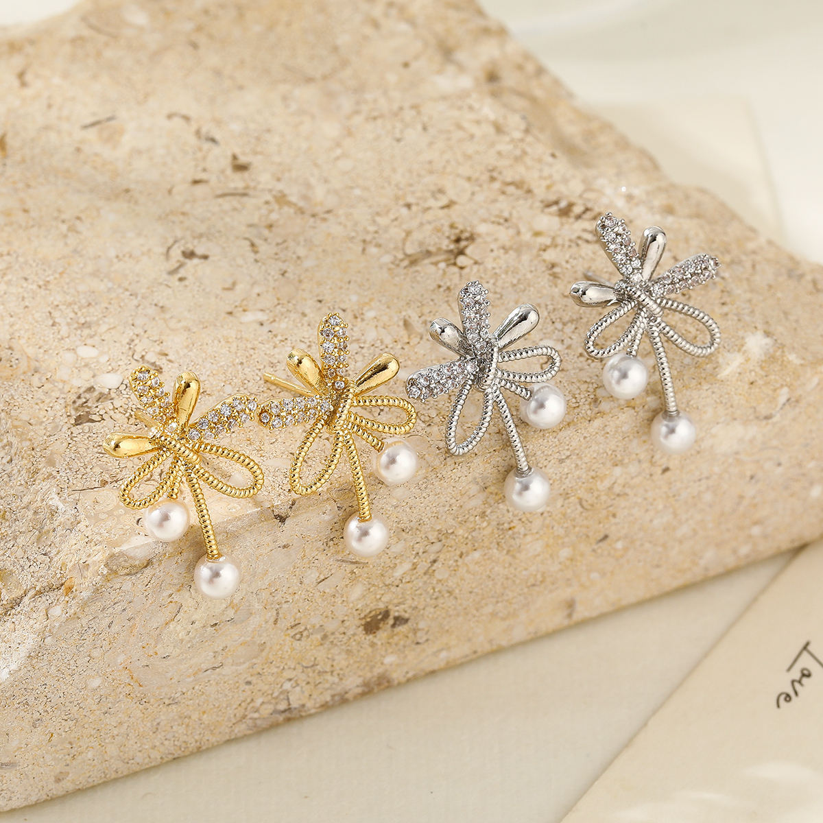 Pearl & Zircon Bow-Knot Earrings - Gold Plated Dainty Jewellery