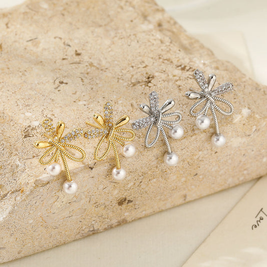 Pearl & Zircon Bow-Knot Earrings - Gold Plated Dainty Jewellery