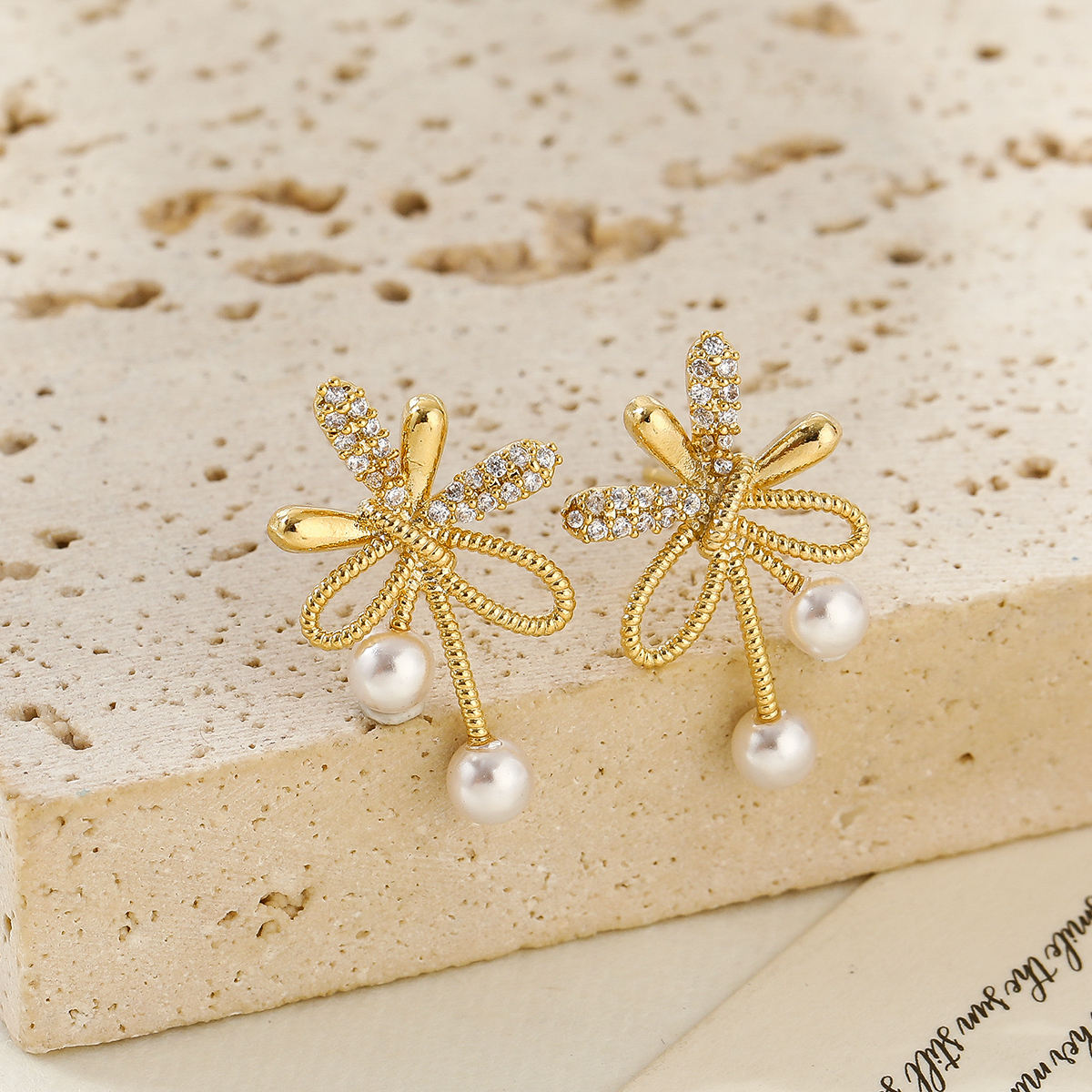 Pearl & Zircon Bow-Knot Earrings - Gold Plated Dainty Jewellery