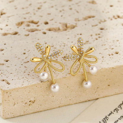 Pearl & Zircon Bow-Knot Earrings - Gold Plated Dainty Jewellery