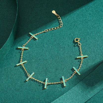 Sterling Silver Gold-Link Charm Bracelet with Turquoise & Geometric Design