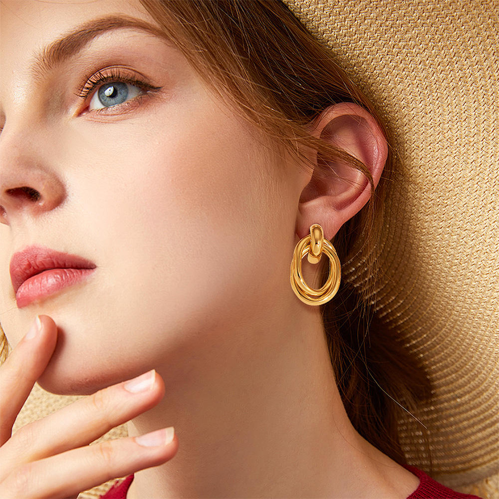 18K Gold Geometric Multi-Layered Drop Earrings